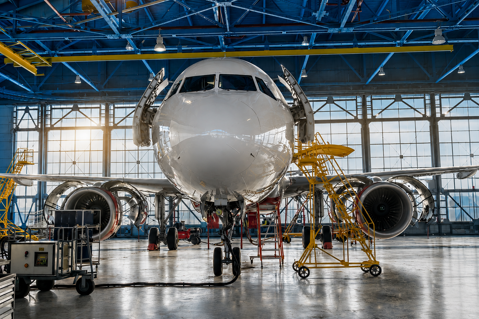 Aerospace jet engine maintenance in a hangar