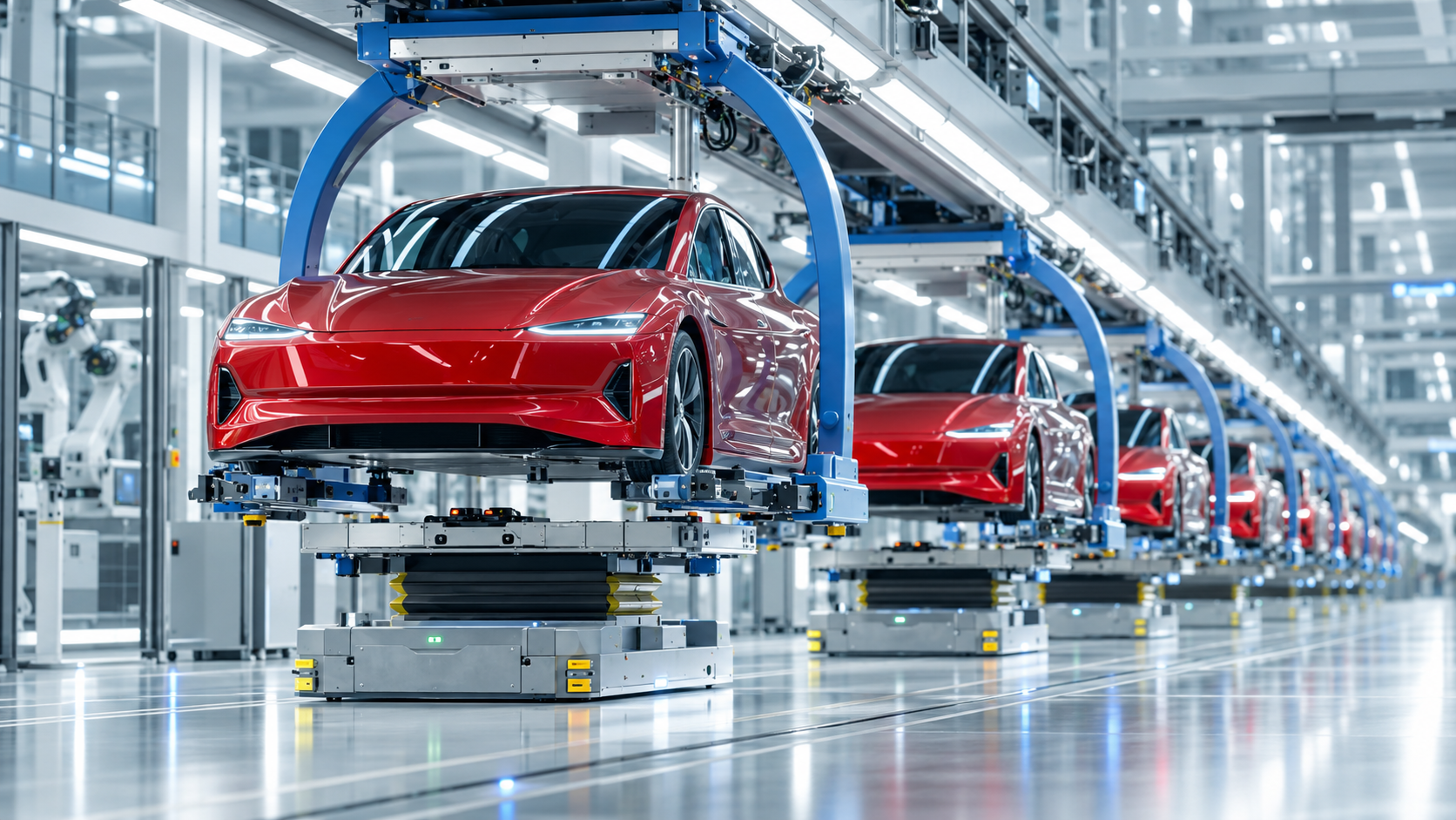 Automotive assembly line with robotic arms